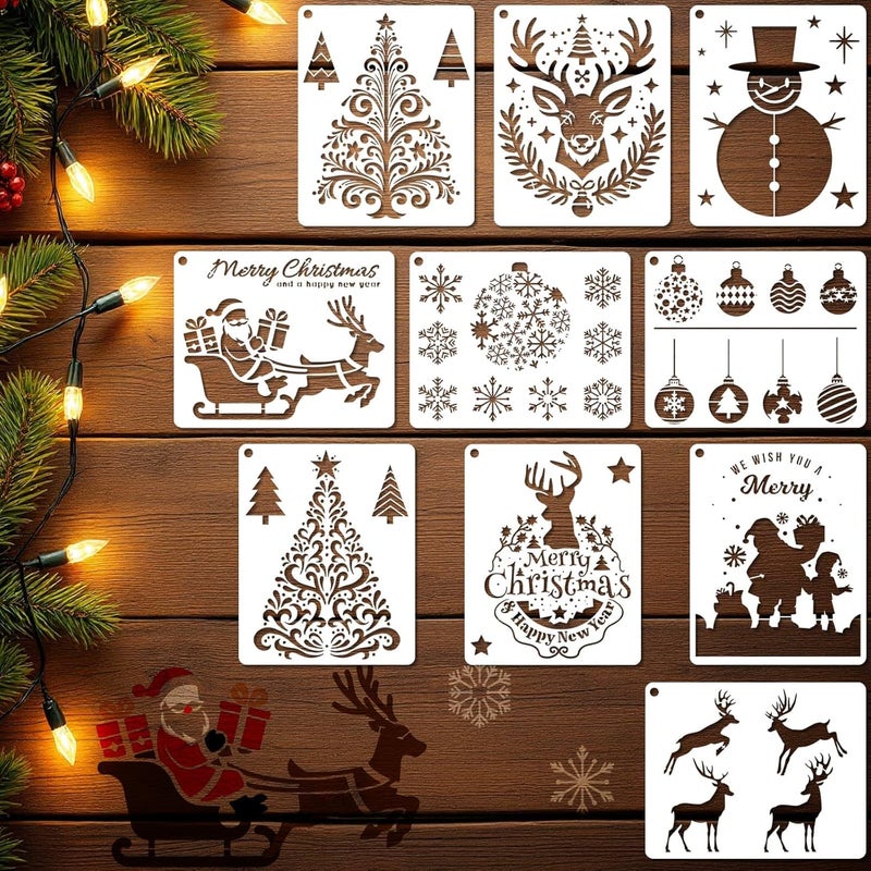 YKW 10 Pcs Christmas Stencils Set - Reusable 7.9x6.3 Inch Holiday Templates for Painting on Wood and DIY Decor - Snowman, Tree, Reindeer Designs - Craft Kit for Adults - Festive Art Supplies - Image 1